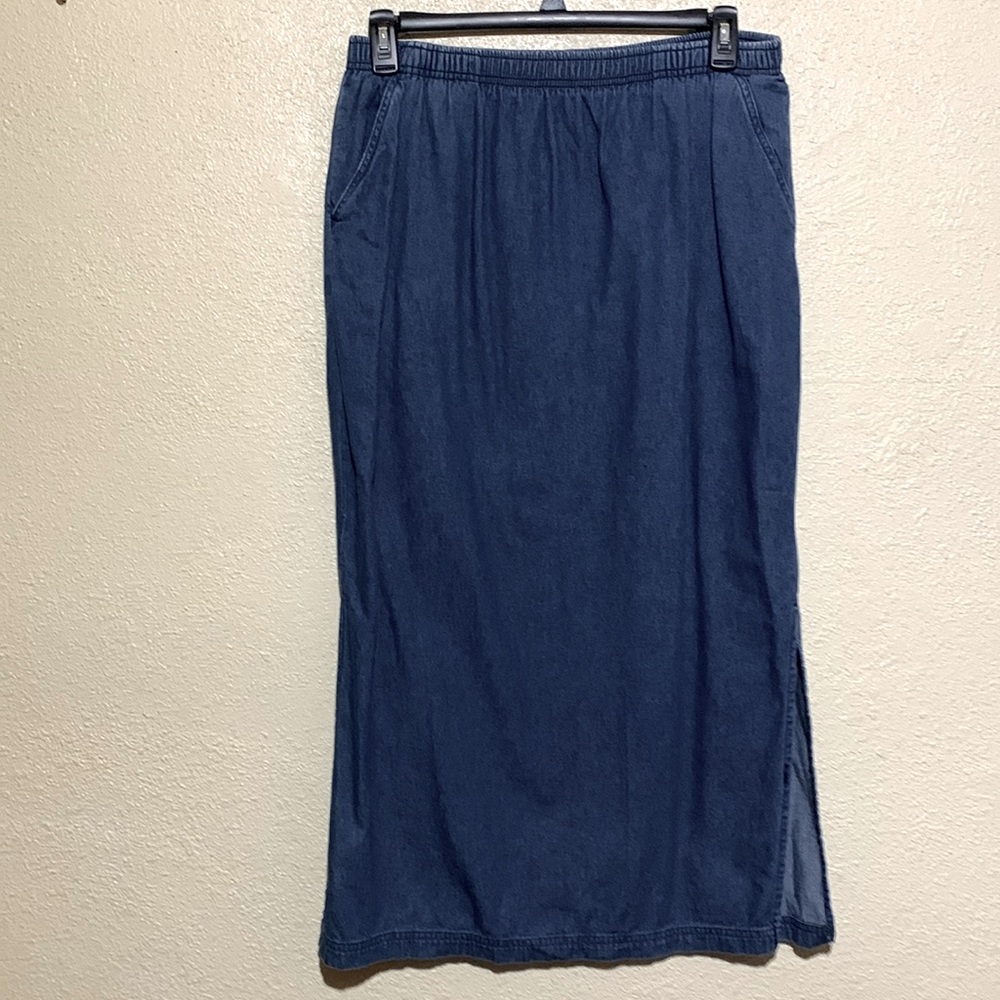Erika & Co Maxi Skirt L Blue Side Slits Elastic Waist  Cotton Pull On